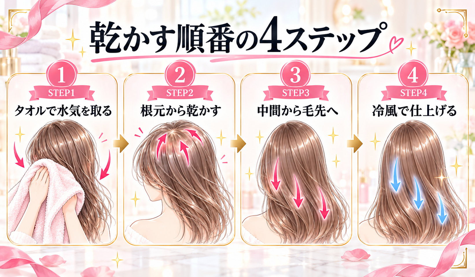 乾かす順番の4ステップ(タオルドライ・根元・毛先・冷風)